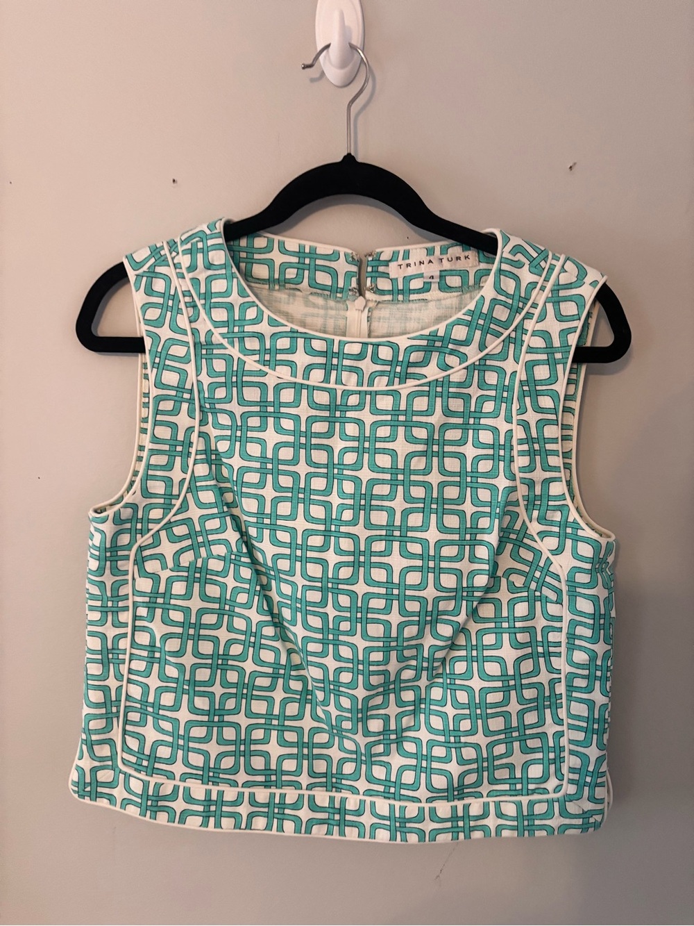 Trina Turk Teal and White Geometric Crop Top